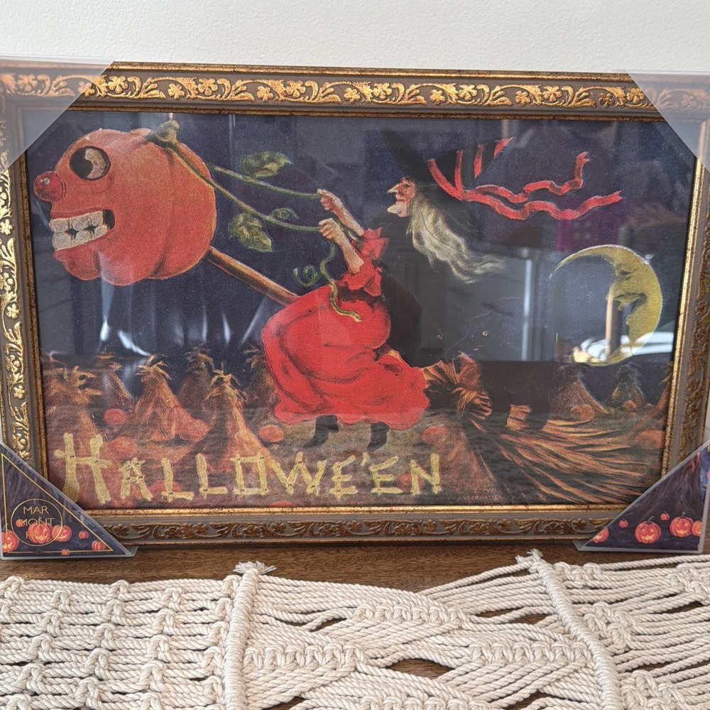 Marmont Hill Halloween Gold Framed Vintage Style Witch Wall Hanging Picture NEW